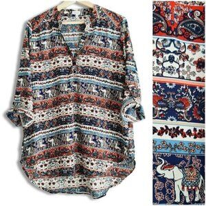 TEENBELL Boho Semi-Sheer Light Floral Paisley & Elephant Print Blouse Boho Sz L